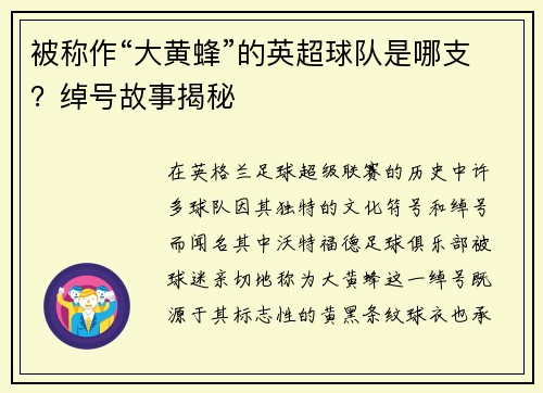 被称作“大黄蜂”的英超球队是哪支？绰号故事揭秘