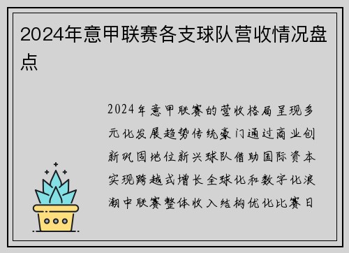 2024年意甲联赛各支球队营收情况盘点
